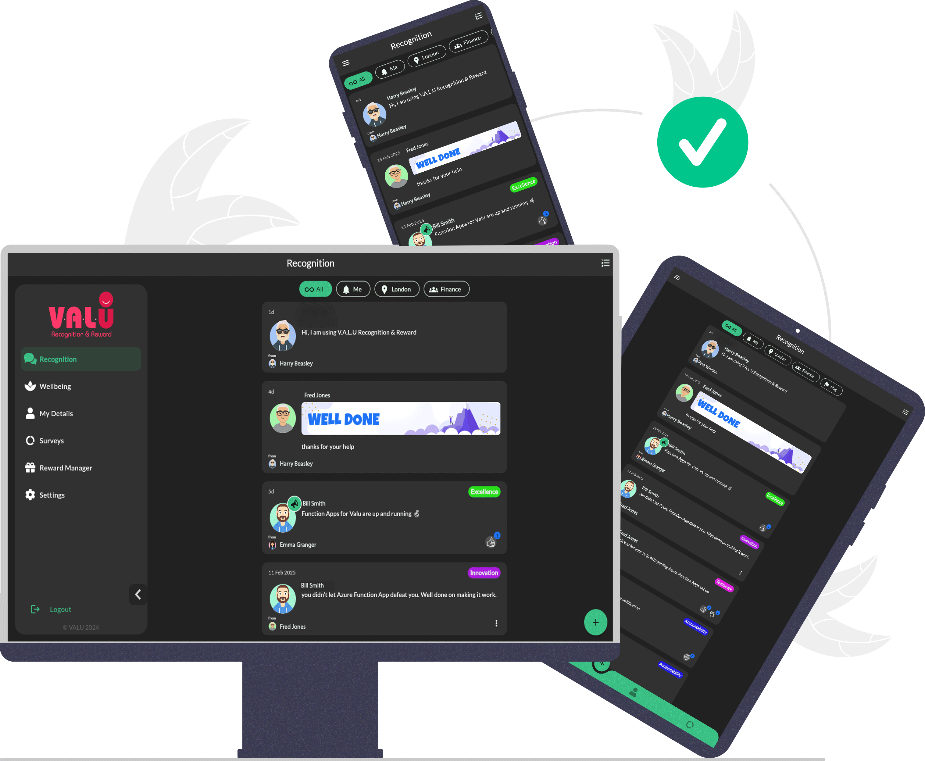 All-formats-undraw Screenshot of the main feed where you can see all of the reward and recognition examples being sent between company employees which can be reacted to by the user.
