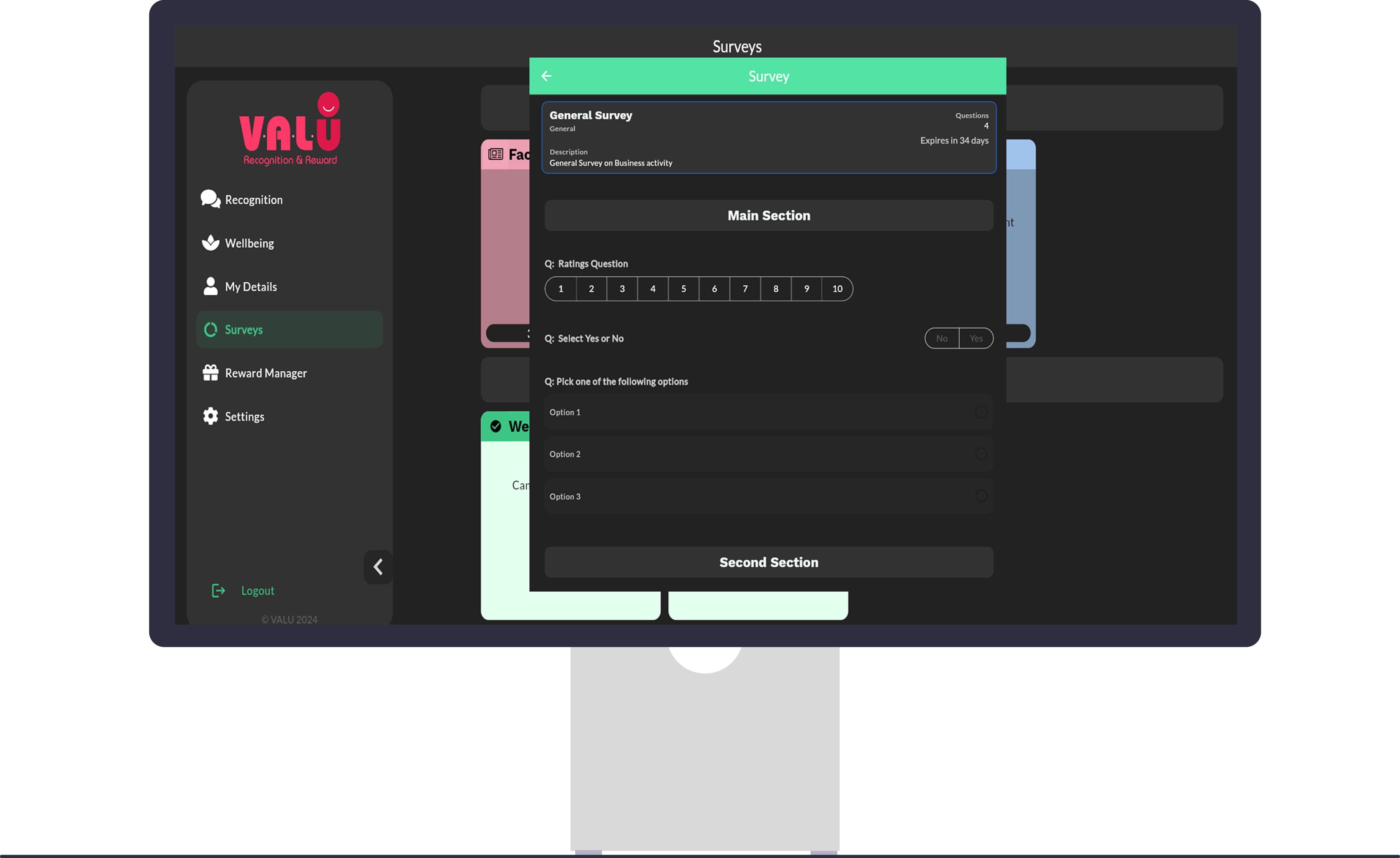 Surveys-Desktop Screenshot of the user profile screen, where achievements, personal information and previous rewards and recognition related to the app are shown