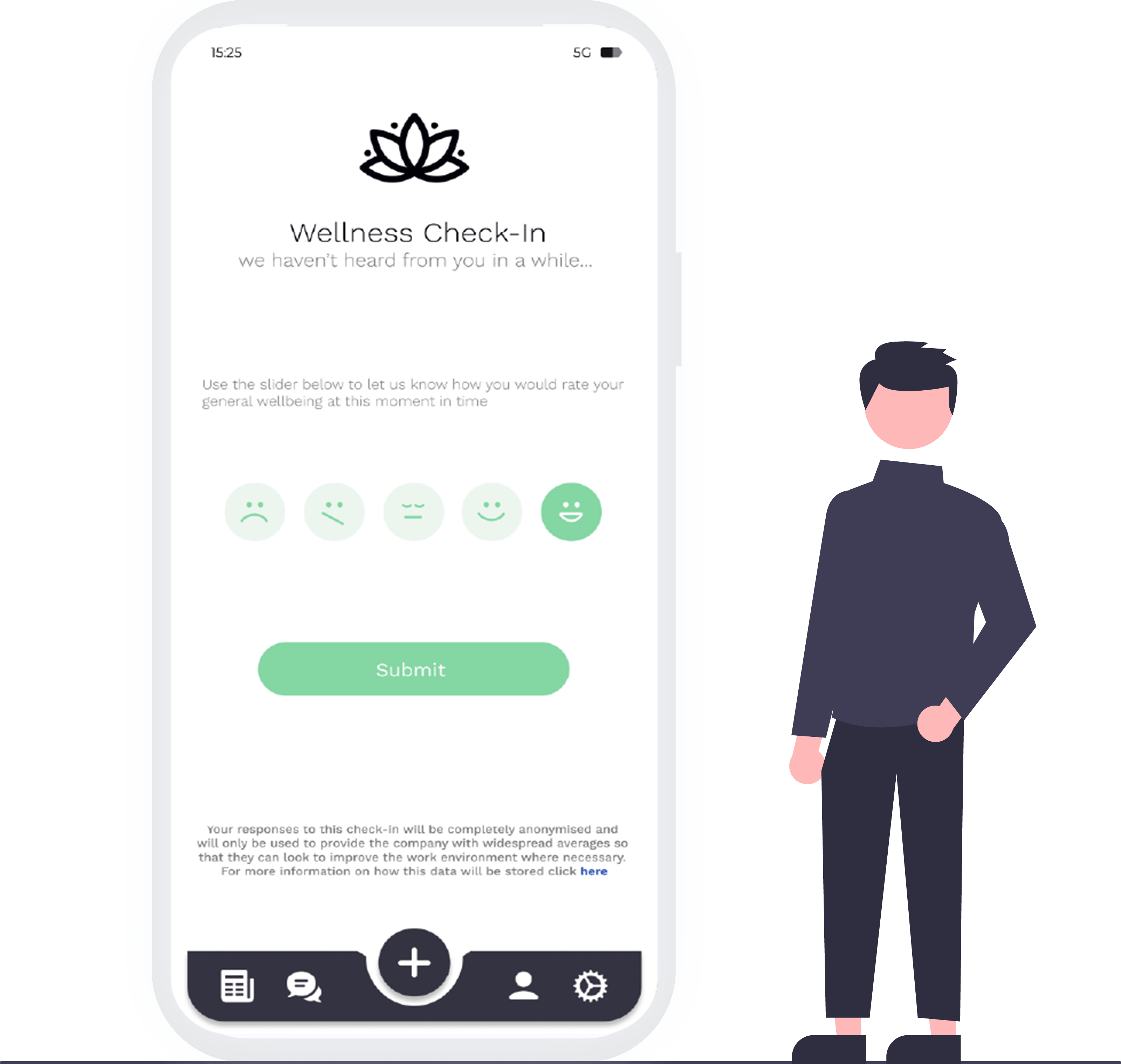 Well-ness-app-wireframe Screenshot of the wellness section of the app where a user can record their current wellbeing and seek help if needed