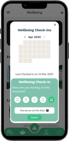 user wellbeing checkin Screenshot of the wellness section of the app where a user can record their current wellbeing and seek help if needed